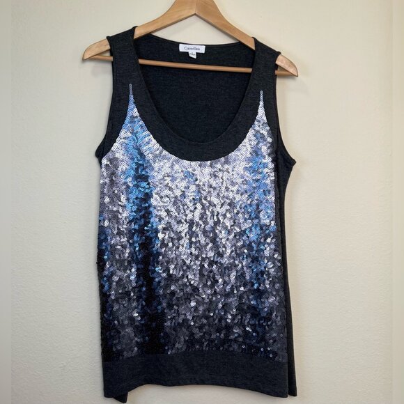 CALVIN KLEIN Gray Tank Top With Silver Sequin Front Detail Womens Large - Picture 7 of 8